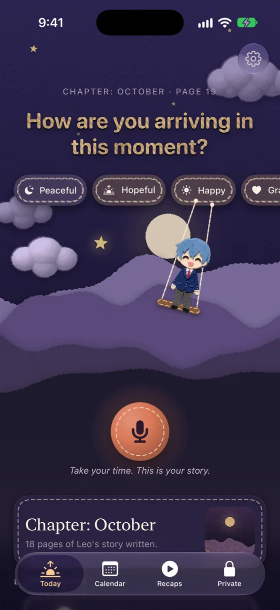 Today screen with mood chips and the hero on a swing (felt look)
