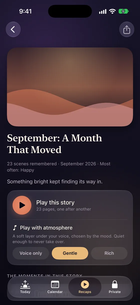 A chapter with its cover, story player and atmosphere (glass look)