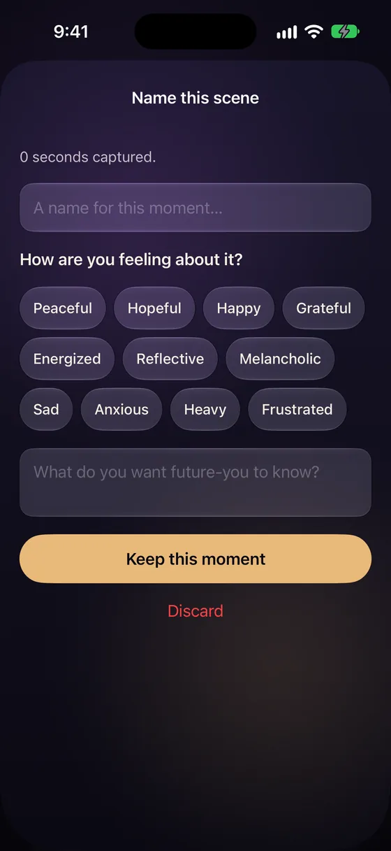 Name this scene with mood choices and a note (glass look)