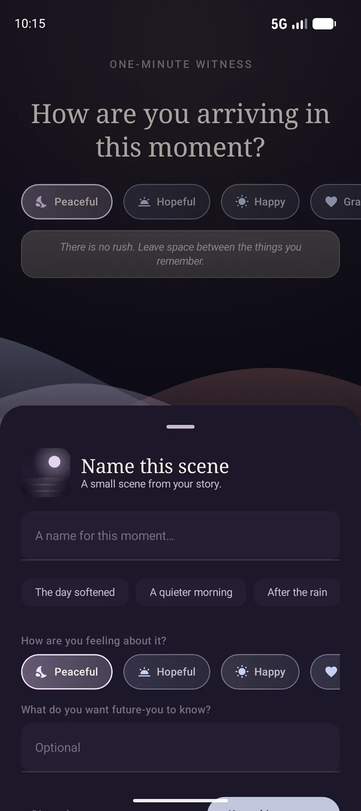 Name this scene sheet with a suggested title, mood selector, and note field