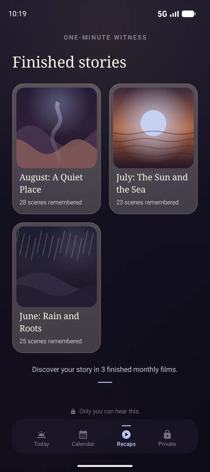 Recaps screen showing finished monthly stories with painterly cover art