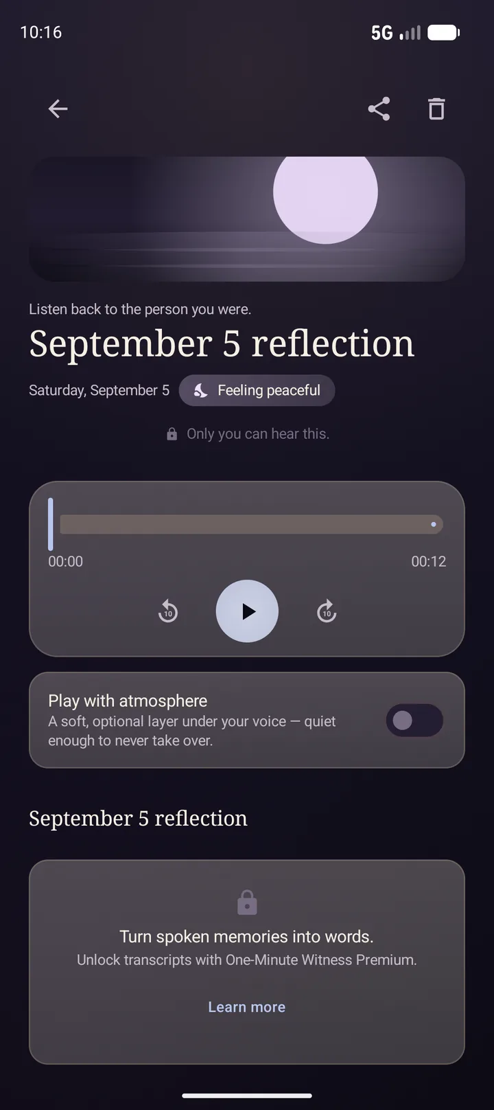 Reflection detail screen with cover art, mood pill, and playback controls